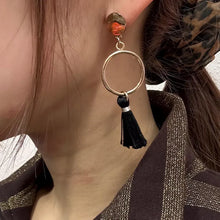 Vintage Gold Tone Hoop & Black Tassel Earrings | Minimalist Statement Dangle Earrings | Boho Tassel Drop Earrings
