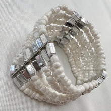 Vintage White Beaded Cuff Stretch Bracelet | Multi Strand Seed Bead Bracelet | Silver Tone Statement Cuff | Boho Minimalist Layered Jewelry