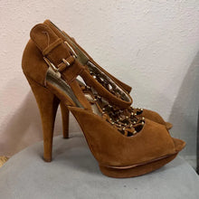 Vintage Brown Suede Open Toe Platform Heels – Lace-Up Stiletto Pumps (US 10)