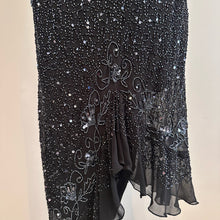 Vintage Black Beaded Sequin One Shoulder Maxi Dress, Silver Floral Embellished Evening Gown, Asymmetric Ruffle Hem, Statement Party Dress