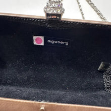 Vintage Champagne Satin Evening Clutch, Rhinestone Clasp, Chain Strap Shoulder Bag
