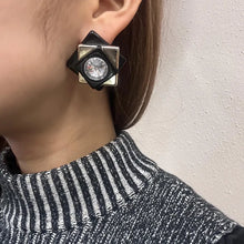 Vintage Geometric Black & Silver Statement Stud Earrings | Art Deco Acrylic Earrings | Bold 80s Square Earrings | Minimalist Retro Jewellery