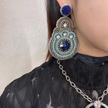 Vintage Blue Beaded Statement Earrings – Oversized Felt & Crystal Embellished Drops