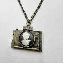 Vintage Cameo Camera Pendant Necklace, Antique Bronze Tone Long Chain Necklace, Victorian Revival Portrait Charm, Unique Statement Jewelry