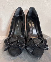 Vintage Black Suede Peep-Toe Heels with Statement Bow