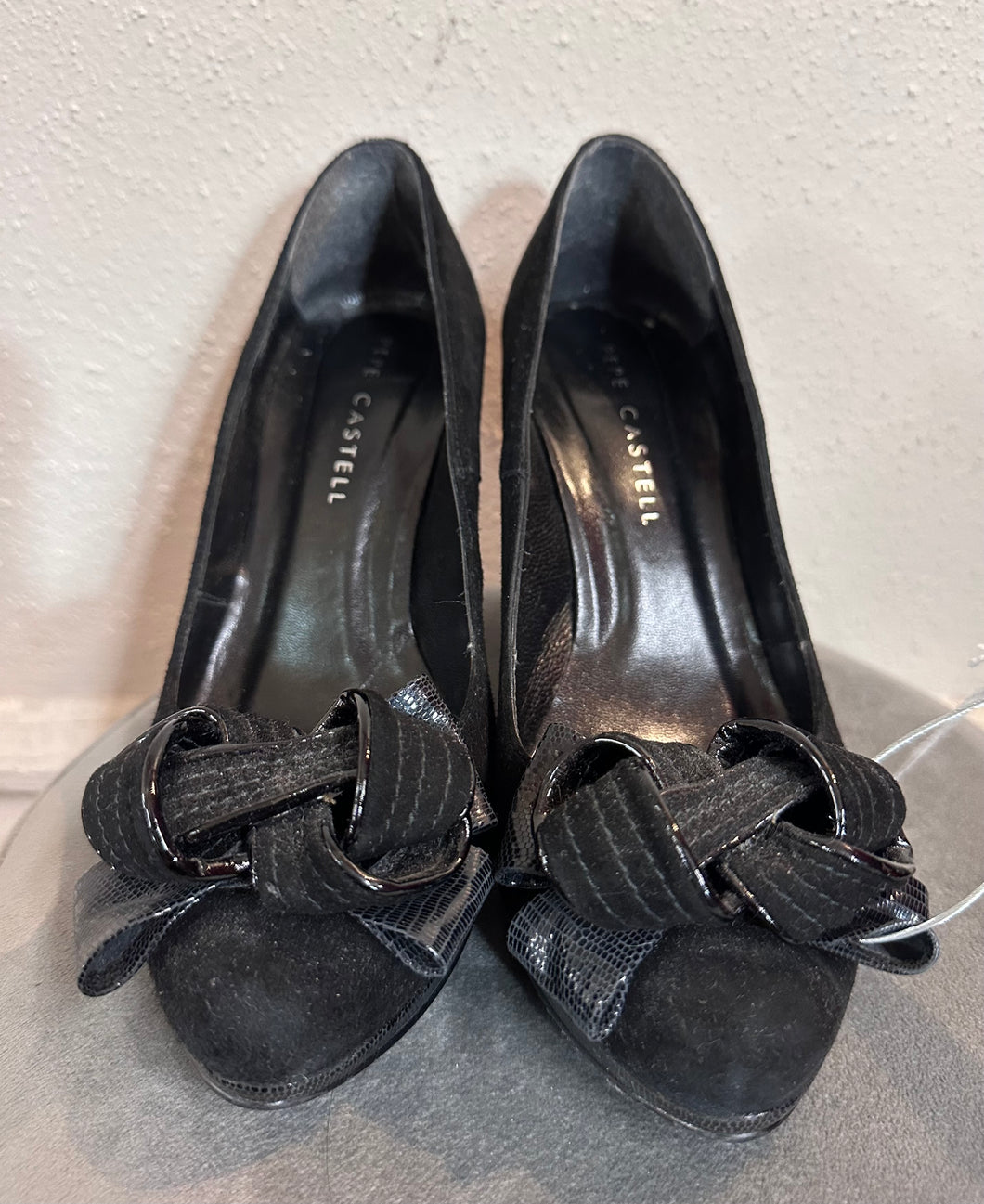 Vintage Black Suede Peep-Toe Heels with Statement Bow