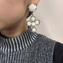 Vintage White Rose Cross Statement Earrings | Baroque Floral Rhinestone Drop Earrings | Gold Tone Romantic Gothic Jewel