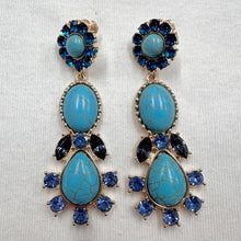 Vintage Turquoise & Sapphire Rhinestone Statement Drop Earrings – Gold Tone