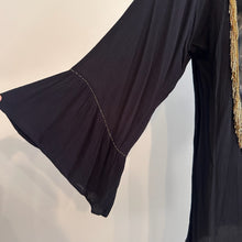 Black Pleated Open Back Tunic Dress, Gold Embellished Long Sleeve Mini Dress, Flared Sleeve Black Dress, Elegant Vintage Eveningwear