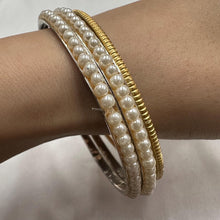 Vintage Gold & Pearl Layering Bangle Set / Minimal Retro Bracelets / Elegant Stackable Jewelry