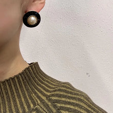 Vintage Black Enamel & Faux Pearl Stud Earrings | Gold Tone Classic Statement Earrings | Elegant Retro Jewellery