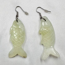 Vintage Hand Carved Fish Earrings | Pale Green Jade Style Koi Drop