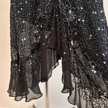 Vintage Black Beaded Sequin One Shoulder Maxi Dress, Silver Floral Embellished Evening Gown, Asymmetric Ruffle Hem, Statement Party Dress