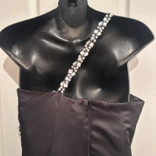 Vintage Black Satin Rhinestone Mermaid Evening Gown / Y2K One Shoulder Formal Maxi Dress / Old Hollywood Glam Prom Dress