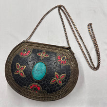 Vintage Bohemian Metal Clutch Bag | Turquoise Style Stone Crossbody Purse | Tribal Mosaic Evening Bag