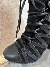 Black Lace-Up Block Heel Boots – Strappy Suede & Leather Look, Statement Ankle Boots