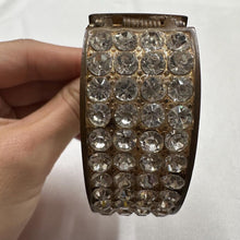 Vintage Rhinestone Metal Cuff Bangle / Wide Bronze Statement Bracelet / Glam Retro Jewelry