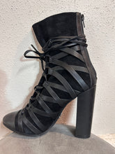 Black Lace-Up Block Heel Boots – Strappy Suede & Leather Look, Statement Ankle Boots