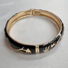 Vintage Black Enamel Floral Hinge Bangle | Gold-Tone Botanical Bracelet | Elegant Statement Jewelry