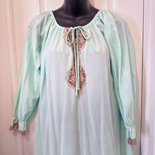 Vintage 1970s Vieling Mint Green Maxi Nightgown | Pleated All Nylon Sleepwear with Contrast Lace & Ruffle Hem | Size 12 Fits Small to Medium