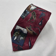 Vintage Fishing Novelty Tie Burgundy Fishing Print 100% Polyester Retro Necktie