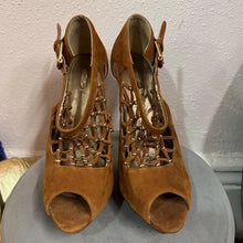 Vintage Brown Suede Open Toe Platform Heels – Lace-Up Stiletto Pumps (US 10)