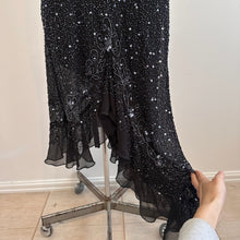 Vintage Black Beaded Sequin One Shoulder Maxi Dress, Silver Floral Embellished Evening Gown, Asymmetric Ruffle Hem, Statement Party Dress