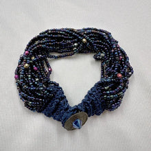 Vintage Handwoven Beaded Cuff Bracelet | Navy Seed Bead Macramé Bracelet | Boho Artisan Statement Bracelet | Button Closure