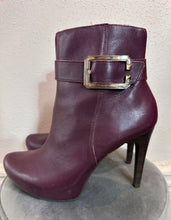 Vintage Burgundy Leather Buckle Ankle Boots – Stiletto Heel, Pre-Loved Statement Style