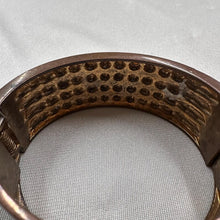 Vintage Rhinestone Metal Cuff Bangle / Wide Bronze Statement Bracelet / Glam Retro Jewelry