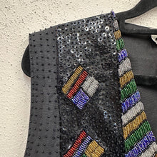 Vintage 80s Black Beaded Sequin Vest | Rainbow Embellished Unisex Waistcoat | Festival Statement Piece