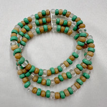 Vintage Triple Wrap Beaded Stretch Bracelet | Mint Green & Natural Wood Tone Beads | Layered Boho Y2K Bracelet | Multi Strand Statement