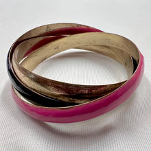 Vintage Triple Bangle Bracelet | Hot Pink, Black & Antique Gold Connected Bangles | Bold Y2K Statement Jewelry