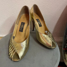 Vintage Gold Leather Peep Toe Heels Size EU 37 | Woven Detail Pumps Metallic Party Shoes Stiletto Heel