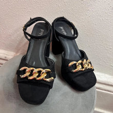Nasty Gal Black Platform Heels with Gold Chain – Y2K Chunky Sandals Size EU