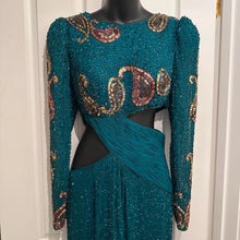 Vintage 80s Heavily Beaded Silk Gown Emerald Teal Sequin Cutout Prom Pageant Dress