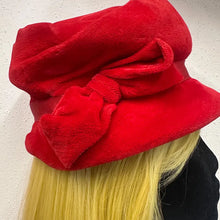 Vintage Red Velour Cloche Hat | Oversized Bow, Asymmetrical Brim, Plush Fabric (54cm)