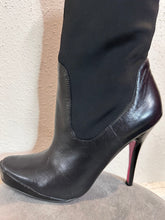 Black Stretch Panel High Heel Boots – Pointed Toe, Sleek Leather Look, Platform Stiletto Boots