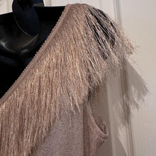 Vintage Metallic Rose Gold Fringe V-Neck Maxi Dress Size M Shimmer Column Slit