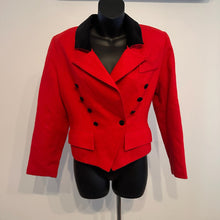 Vintage French Red Wool Blazer, 80s Red Double Breasted Jacket, Black Velvet Collar, Tailored Peplum Jacket, Made in France