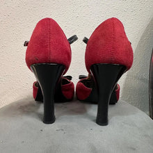Red Suede Black Patent T-Strap Heels: Leopard Insole, Button Detail Pumps (Size 10)