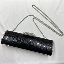 Vintage Black Croc Embossed Cylinder Clutch Bag, Rhinestone Clasp Evening Purse, Chain Strap Y2K Shoulder Bag
