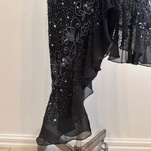 Vintage Black Beaded Sequin One Shoulder Maxi Dress, Silver Floral Embellished Evening Gown, Asymmetric Ruffle Hem, Statement Party Dress