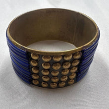 Vintage Blue Tube Bead Bangle / Tribal Statement Bracelet / Boho Brass Stud Cuff