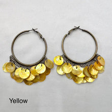 Vintage Shell Disc Hoop Earrings | Antique Brass Boho Festival Jewelry
