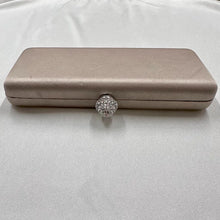 Vintage Champagne Satin Evening Clutch, Rhinestone Clasp, Chain Strap Shoulder Bag