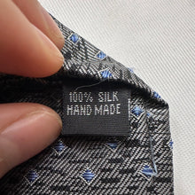 Vintage Black & Silver Silk Necktie with Blue Geometric Pattern Retro Tie