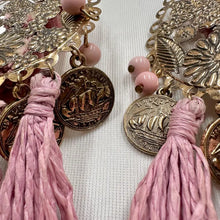 Vintage Pink Boho Statement Tassel Earrings | Oversized Coin Charm Drop Earrings | Festival Gypsy Chic