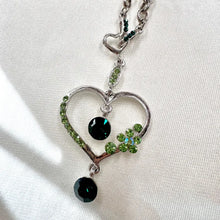 Vintage Heart Pendant Necklace / Green Rhinestone Necklace / Y2K Silver Necklace / Statement Heart Jewelry / Floral Charm Necklace