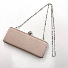 Vintage Champagne Satin Evening Clutch, Rhinestone Clasp, Chain Strap Shoulder Bag
